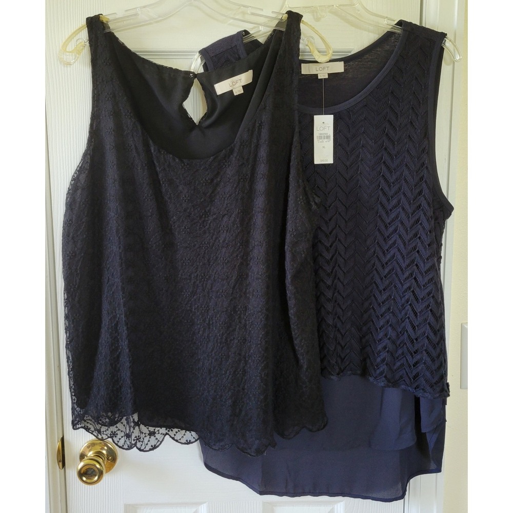 LOFT Navy Blue Lace & Chevron Knit Layered Tank Tops (2)